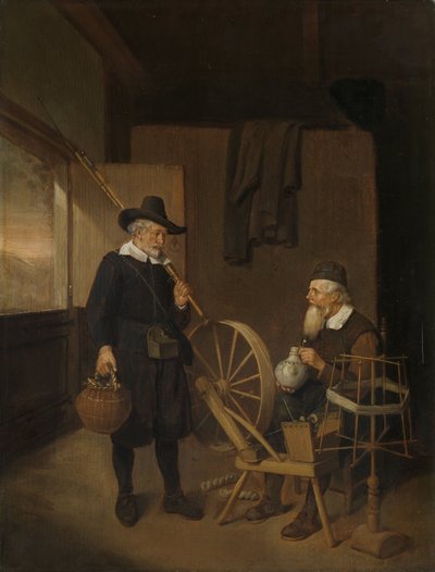 Interno con pescatore e uomo dietro una ruota da filatura e rocchetto di filo da Quirijn van Brekelenkam